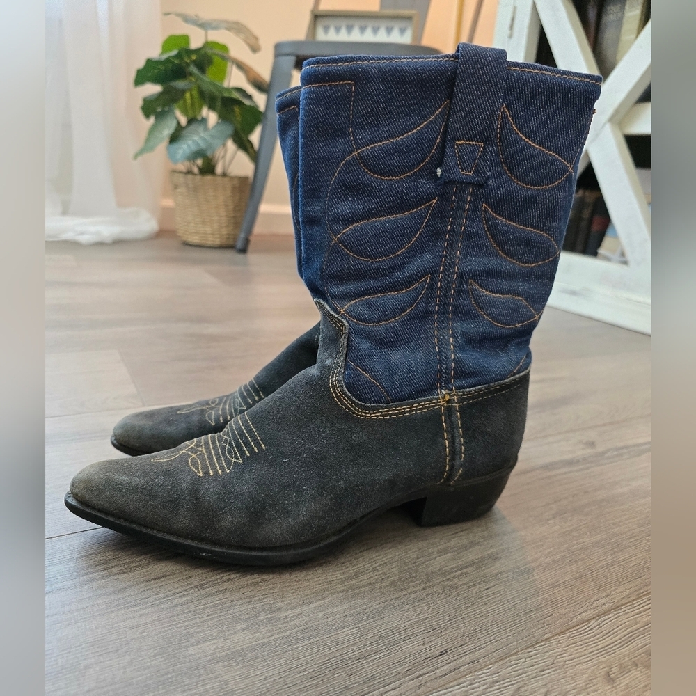 ACME Vintage Denim & Suede Cowgirl Boots Quilted Rodeo Festival Western 70's